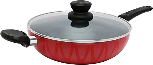 Trust Pro Non Stick Aluminium WOK Pan with Glass Lid, Handle and 2 Layered Aluminium Coating, 28 cm, Red