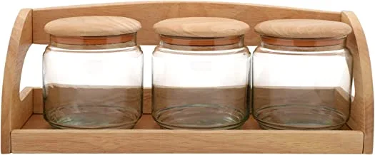 Trust Pro Rubber Wood & Glass Space Saver Storage Set, Includes 3 Jars with Air-Tight Seals, Multicolour