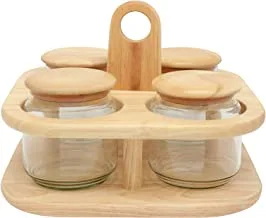 Trust Pro Rubber Wood & Glass Revolving Storage Set, Includes 4 Jars with Air-Tight Seals, Multicolour