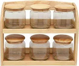 Trust Pro Rubber Wood & Glass Space Saver Storage Set, Includes 6 Jars with Air-Tight Seals, Multicolour