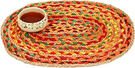 Ayra Handmade Jute Cotton Table Mat, Braided Woven Placemats, Multicolor Border Dining Table Place Mats for Kitchen, Natural Fiber, Heat Resistant, Easy to Clean (Oval)