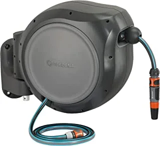 GARDENA 8050-83 Foot Wall Mounted Retractable Reel with Hose Guide, Automatic retraction for Easy Watering