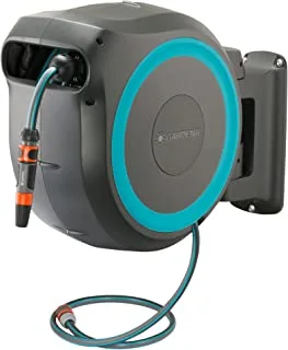 Gardena wall mounted retractable hose reel, 115 feet, black and turquoise