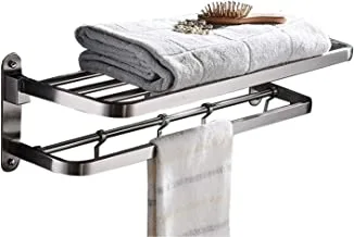 ELLO&ALLO Stainless Steel Towel Racks for Bathroom Shelf Double Towel Bar Holder with Hooks Wall Mounted Multifunctional Foldable Brushed Nickel