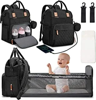 3 in 1 Diaper Bag Backpack with Changing Station Portable Baby Bag Foldable Baby Bed Back Pack Travel Waterproof Large Travel Bag with USB, Stroller Straps, Insulated Pockets