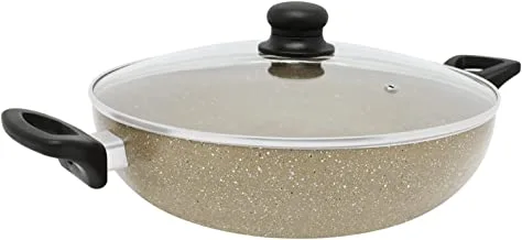 Trust Pro Non Stick WOK Pan with Glass Lid and 2 Layered Ceramic Coating, 32 cm, Ash