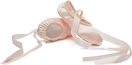 Girls Ballet Shoes Satin Slippers Gymnastic Flats Lace Ribbon Split Sole (Satin Flesh Size 28)- Light Pink