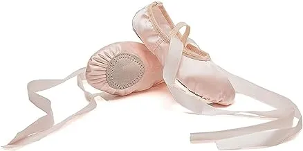 Girls Ballet Shoes Satin Slippers Gymnastic Flats Lace Ribbon Split Sole (Satin Flesh Size 31)- Light Pink