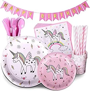 Unicorn party supplies pink 72 piece pack children's rainbow birthday party supply set bonus happy birthday banner and paper party supplies for birthday decoration