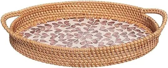 Ayra Mother of Pearl Tray with Handles - Handmade Oval Rattan Tray for Serving Tea, Coffee, Drinks, Bread and Fruit - Rustic Tray with Dimension 36 cm x 26 cm x 5 cm