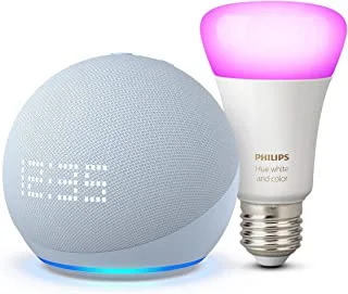 Echo Dot (الجيل الخامس ، إصدار 2022) مع ساعة ، Cloud Blue + Philips Hue White and Color Smart LED Bulb ، يعمل مع Alexa - Smart Home Starter Kit