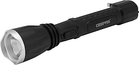 Geepas Rechargeable LED Flashlight, Hyper Bright 1W Hi-Power LED Torch Light, Built-in 400mAh Lead Acid Battery, Powerful Torch for Outdoor Activities GFL5578 Black