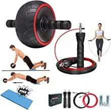 A Set Of Exercise Ab Wheel Roller With Knee Pad And Professional Steel Wire Jump Rope With Weights, Best Fitness equipment For 6 Pack Abs, Core Workout, MMA And boxing Training, Bodybuilding, Fitness