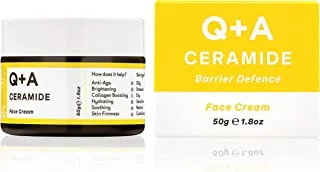 Q+A Ceramide Barrier Defence Face Cream, a face moisturiser containing Cinamides, Pro Vitamin-E, and Squalane, to improve skin moisturisation and elasticity, 50g