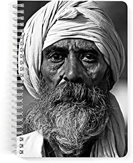 Lowha Man Wearing White Turban Grayscale Photo 60 Sheets Spiral Notebook for School or Business, A5 Size