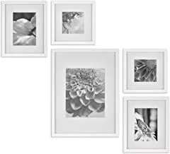 Gallery Perfect Photo Kit with Decorative Art Prints & Hanging Template Gallery Wall Frame Set, 5 Piece, White