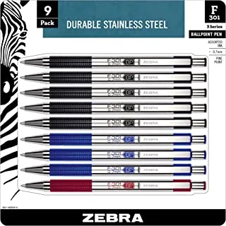 Zebra Pen F-301 Retractable Ballpoint Pen, Stainless Steel Barrel, Fine Point, 0.7mm, Assorted Ink, 9-Pack