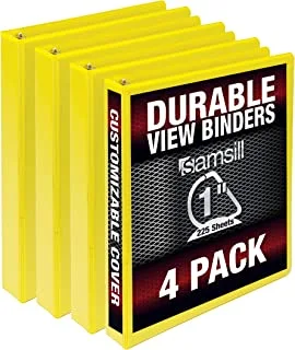 Samsill Durable 1 Inch Binder, Made in the USA, D Ring Binder, Customizable Clear View Cover, Yellow, 4 Pack, Each holds 225 Pages