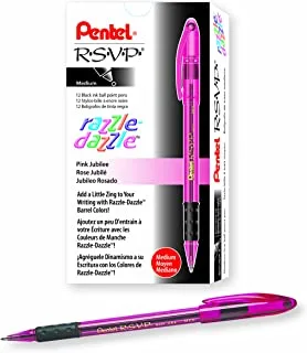 قلم حبر جاف Pentel RSVP Razzle-Dazzle ، خط متوسط ​​، برميل وردي ، حبر أسود ، صندوق 12 (BK91RDP-A)