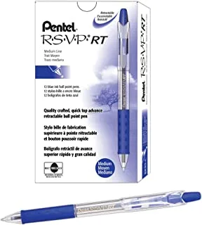 أقلام حبر جاف قابلة للسحب Pentel® RSVP® RT ، نقطة متوسطة ، 1.0 مم ، 61٪ معاد تدويرها ، برميل أزرق شفاف ، حبر أزرق ، عبوة من 12 قلمًا