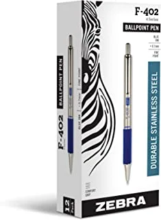 Zebra Pen F-402 Retractable Ballpoint Pen, Stainless Steel Barrel, Fine Point, 0.7mm, Blue Ink, 12-Pack
