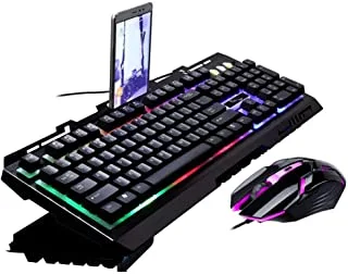 G700 لعبة ماوس USB سلكي مضيء ولوحة مفاتيح مع إضاءة خلفية قوس قزح وأضواء LED لوحة مفاتيح ميكانيكية ماوس ألعاب (S-أسود)