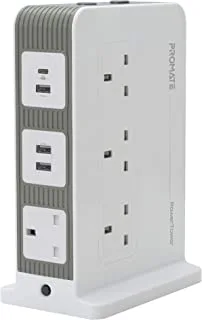 Promate Power Strip with USB-C Port, 10 Outlets Multi Plug Extension with Smart 3 USB Ports, 18W USB-C Power Delivery, Surge Protection and 3m Cord for Laptops, Appliances, iPhone, iPad, Home, Office