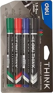 Deli 1.5-5 Mm Think Chisel Tip Permanent Marker Set 4-Pieces, Black/Blue/Red/Green, Multicolor
