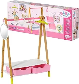 Baby Born Clothes Rail in Scandinavian Design with removable dog decoration, mirror, 3 clothes hangers, and 2 drawers