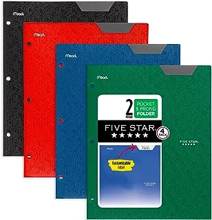 Five Star 2-Pocket Folders, 4 Pack, Plastic Folders with Stay-Put Tabs, Fits 3-Ring Binder, Holds 11” x 8-1/2”, Assorted Colors (38049)