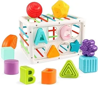 arabest Baby Shape Sorting Toy, Colorful Cube with 14PCS Sensory Shape Blocks, Sensory Bin Shape Sorter Toys for Early Learning Education, Learning Toys for Toddlers, Gifts for Babies 18 Months+