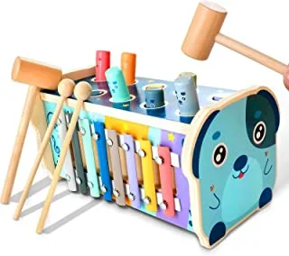 Arabest 3-in-1 Wooden Pounding Bench, Hammering and Pounding Toys, Montessori Early Development Toy with Whack a Mole Game, Number Sorting Maze, Xylophone, Birthday Gift for 1 2 3 4 Year Old Baby Kids