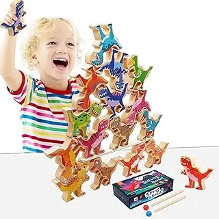 Arabest Dinosaur Stacking Blocks, Wooden Stacking Blocks Balancing Game, Montessori Preschool Toys for Kids, Toddler Dinosaur Stacking Toys with Bowling and Balance Beams, Dinosaur Toys for Kids 3-5