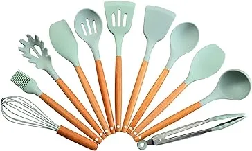 ECVV Silicone Cooking Kitchen 11PCS Wooden Utensils Tool for Nonstick Cookware,Cooking Utensils Set with Bamboo Wood Handles for Nonstick Cookware，Non Toxic Turner Tongs Spatula Spoon Set