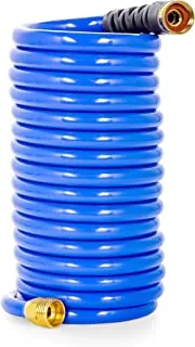 Camco 20’ Coiled Water Hose | Rust Resistant with Brass Fittings | Features a 1/2-inch ID (41983), Blue
