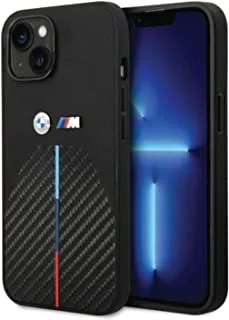 BMW M Collection Quilted PU Carbon Case With Hot Stamped Tricolor Stripe & Metal Logos For iPhone 14 Max - Black