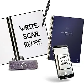 Rocketbook fusion smart reusable notebook - calendar, to-do lists, and note template pages with 1 pilot frixion pen and 1 microfiber cloth included - midnight blue cover, executive size (6