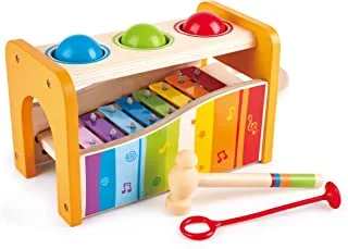 مقعد Hape Pound & Tap Bench مع Xylophone منزلق للخارج - لعبة قصف موسيقية خشبية متينة حائزة على جوائز للأطفال الصغار ، متعددة الوظائف وألوان زاهية ، أصفر