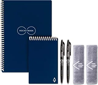 مجموعة أجهزة الكمبيوتر المحمولة الذكية القابلة لإعادة الاستخدام من Rocketbook - دفتر ملاحظات صديق للبيئة مزود بشبكة نقطية مع أقلام Pilot Frixion و 2 قطعة قماش من الألياف الدقيقة متضمنة - أغطية زرقاء ليليّة ، تنفيذي (6 