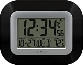 La Crosse Technology WT-8005U-B-INT WT-8005U-B Atomic Digital Wall Clock with Indoor Temperature, Black, 8.95