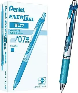 Pentel Gel Ink Pen, EnerGel RTX Retractable Gel Pen, Medium Point, Metal Tip, Sky Blue Ink, Box of 12 (BL77-S)