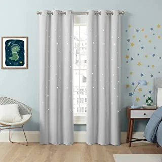 ECLIPSE Dreamer Star Laser Cut Room Darkening Grommet Window Curtains for Bedroom (2 Panels), 34 in x 63 in, Silver White