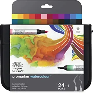 Winsor & Newton ProMarker Watercolour Marker, Basic Collection, 2 Tips: Brush and Fine Tip, Lightfast, Highly Pigmented Watercolour Colours in Marker for Calligraphy, Drawings, 24 Colours Set,Multi