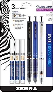 قلم رصاص ميكانيكي من Zebra DelGuard ، سن رفيع ، 0.5 مم ، برميل أسود / أزرق / أبيض ، عبوات رصاص ، قابلة لإعادة الملء ، 3 عبوات (58603)