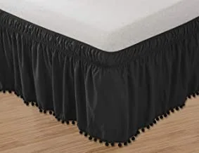 Elegant Comfort Top-Knot Tassle Pompom Fringe Ruffle Skirt Around Style Elastic Bed Wrap- Wrinkle Resistant 16 inch Drop, Queen/King, Black