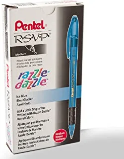قلم حبر جاف Pentel RSVP Razzle-Dazzle ، خط متوسط ​​، برميل أزرق ، حبر أسود ، صندوق 12 (BK91RDC-A)