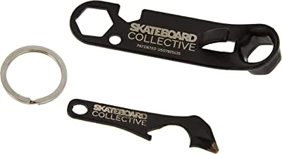 Skateboard collective universal skate tool, skateboard tune up kit, includes: keychain, kingpin wrench, hardware wrench, bottle opener, axle nut wrench, can tool, griptape blade, phillips screwdriver