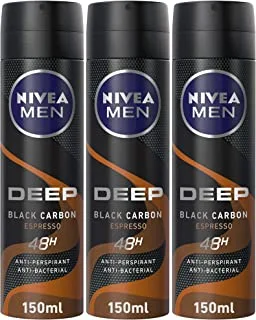 NIVEA Antiperspirant Spray for Men, 48h Protection, DEEP Black Carbon Antibacterial, Espresso Scent, 3x150ml
