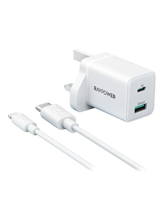 RAVPOWER Dual-Port PD Pioneer Wall Charger 20W With Type C To Lightning Charing Cable 1M White