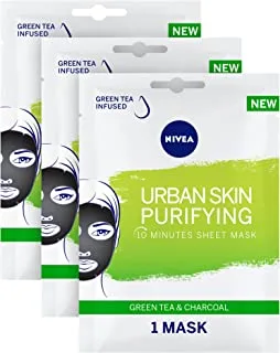 NIVEA Urban Skin Purifying Face Sheet Mask, Green Tea & Charcoal, 3x1 Mask